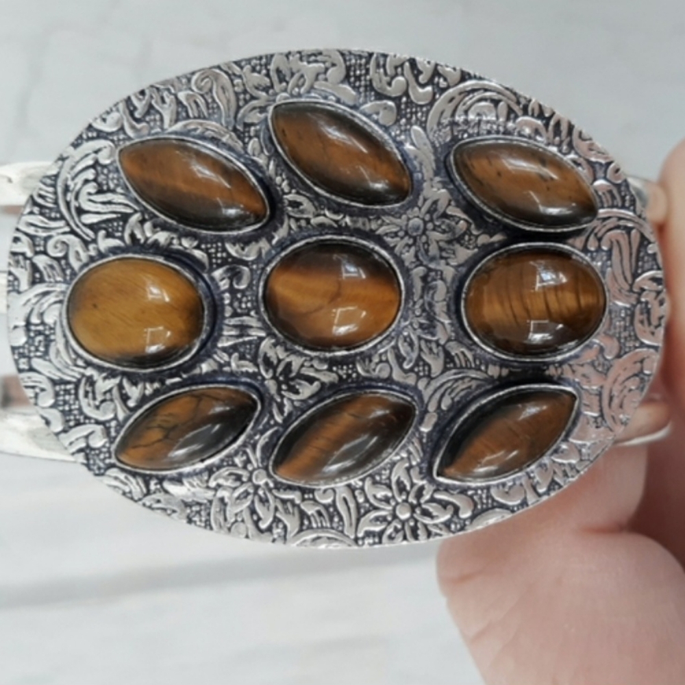 New Oversized Tiger Eye 925 Silver Cuff Bracelet.